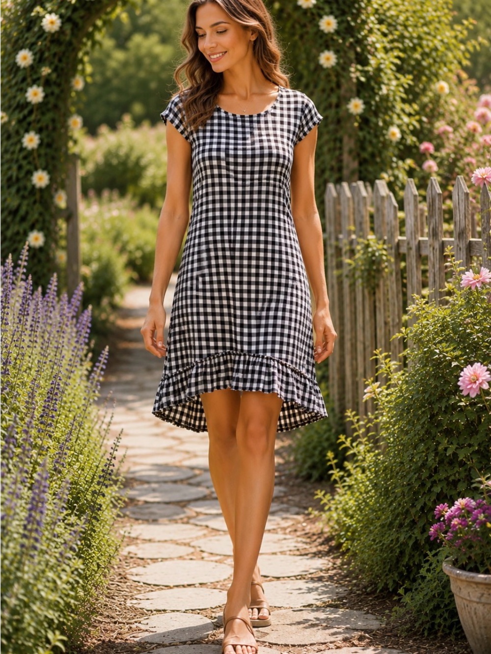 Goddess Gear 100% Organic Linen Black & White Gingham High-Low Ruffle Dress S